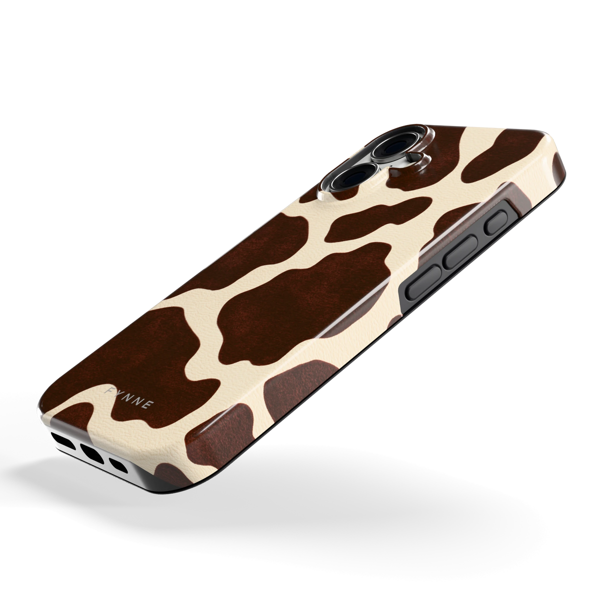 Chocolade Koeienprint hoesje voor iPhone 16, schuin