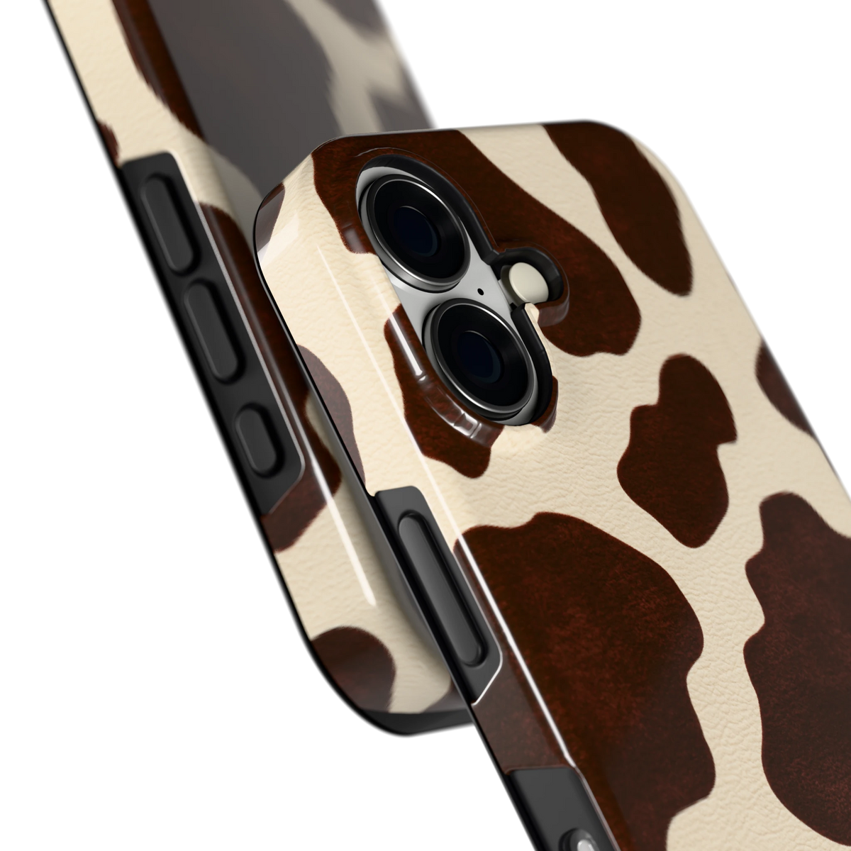 Chocolade Koeienprint hoesje voor iPhone 16, close-up