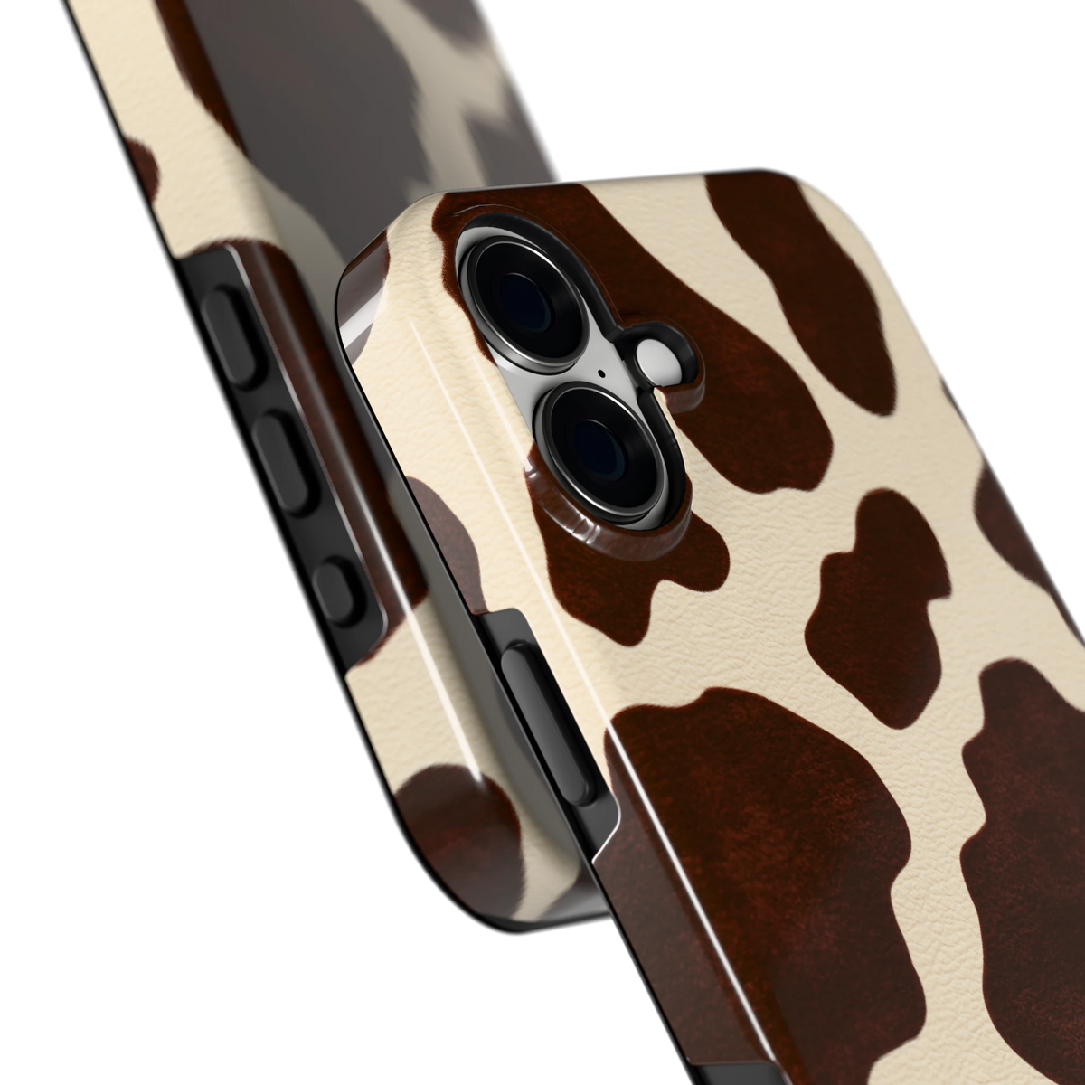 Chocolade Koeienprint hoesje voor iPhone 16 Plus, close-up