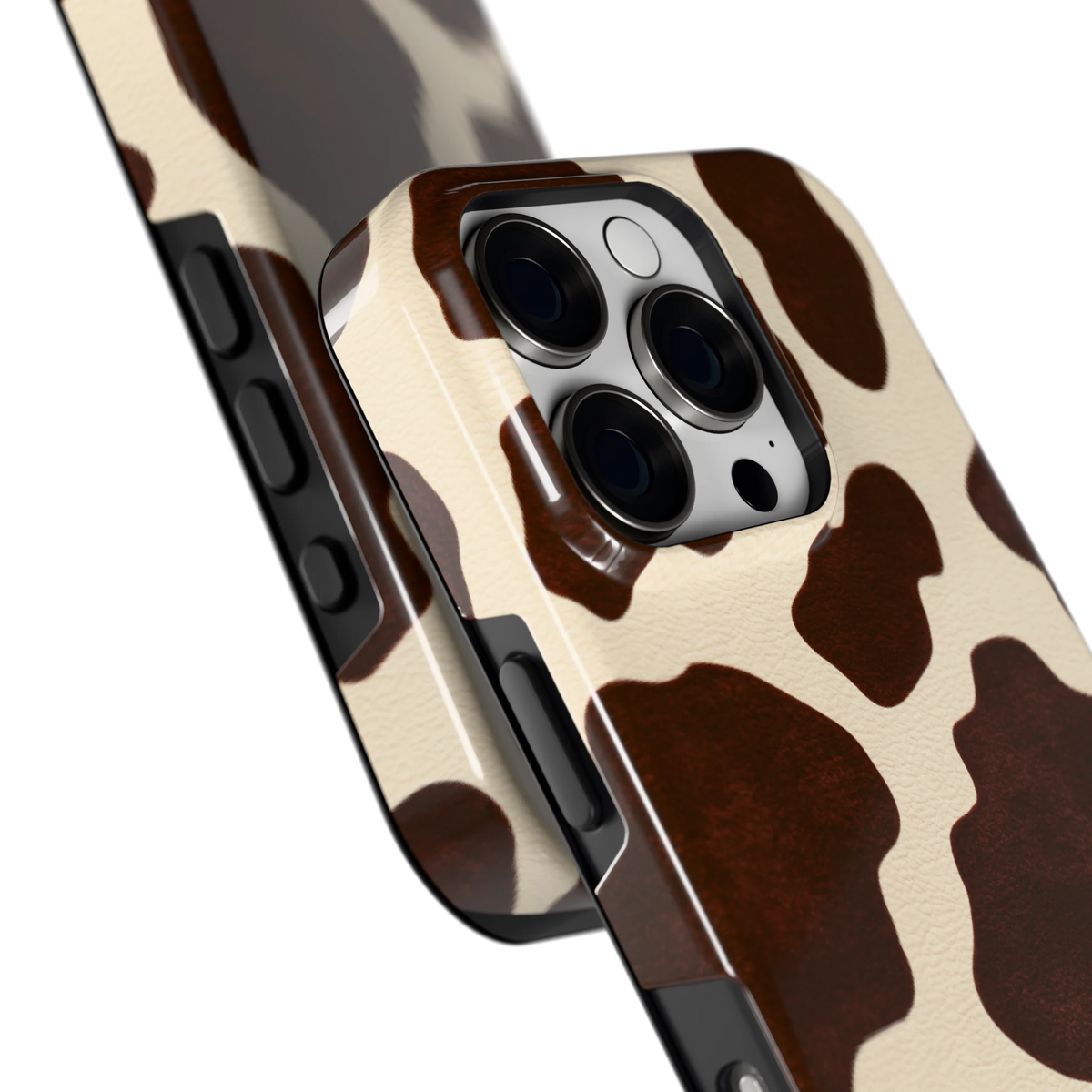 Chocolade Koeienprint hoesje voor iPhone 16 Pro, close-up