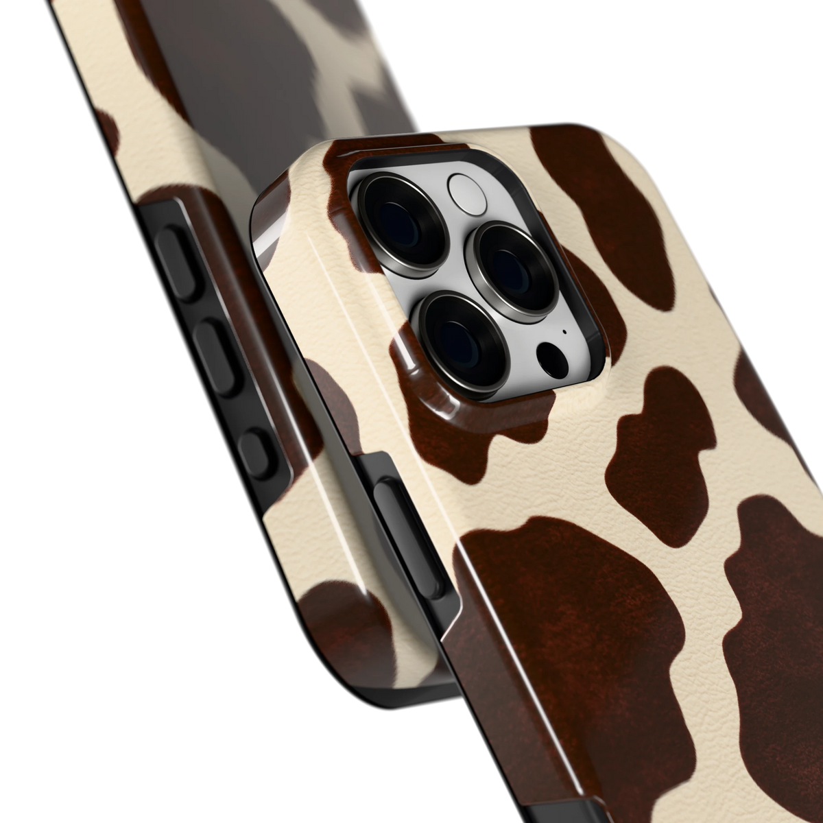 Chocolade Koeienprint hoesje voor iPhone 16 Pro Max, close-up