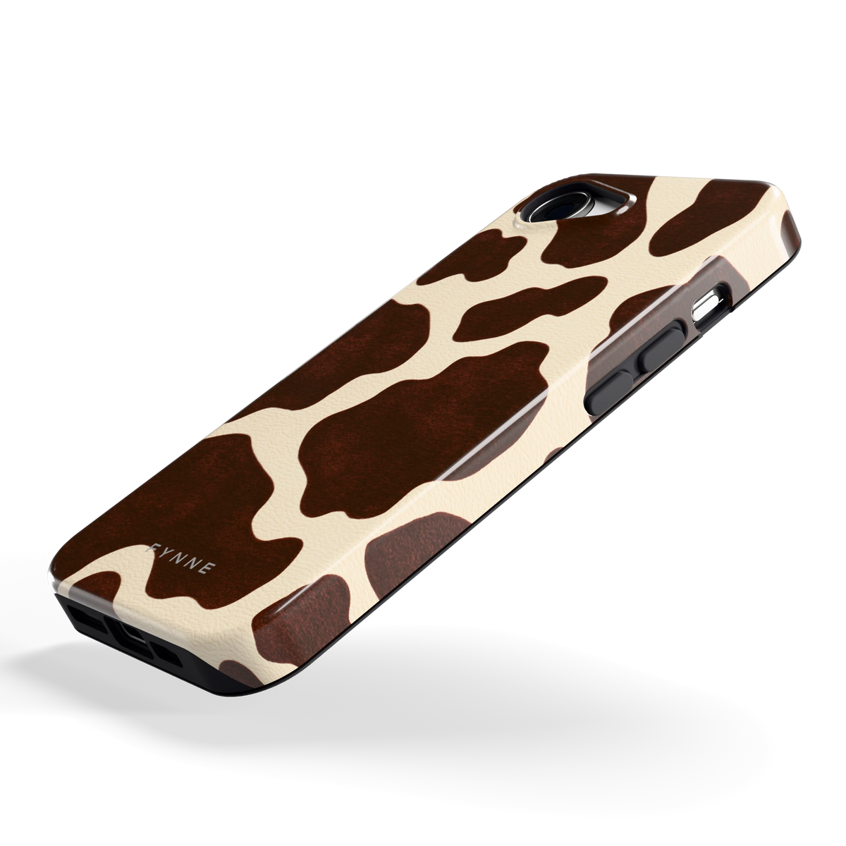 Chocolade Koeienprint hoesje voor iPhone 16e, schuin