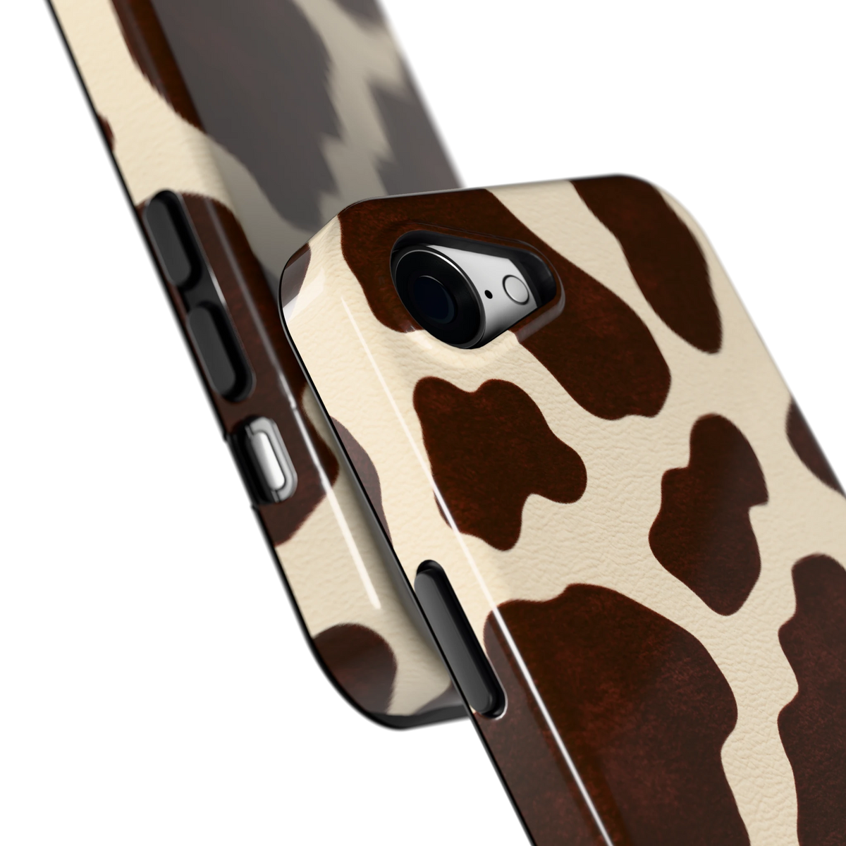Chocolade Koeienprint hoesje voor iPhone 16e, close-up