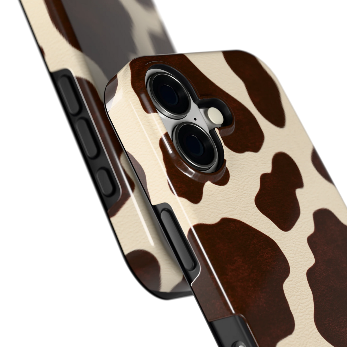 Chocolade Koeienprint hoesje voor iPhone 17, close-up