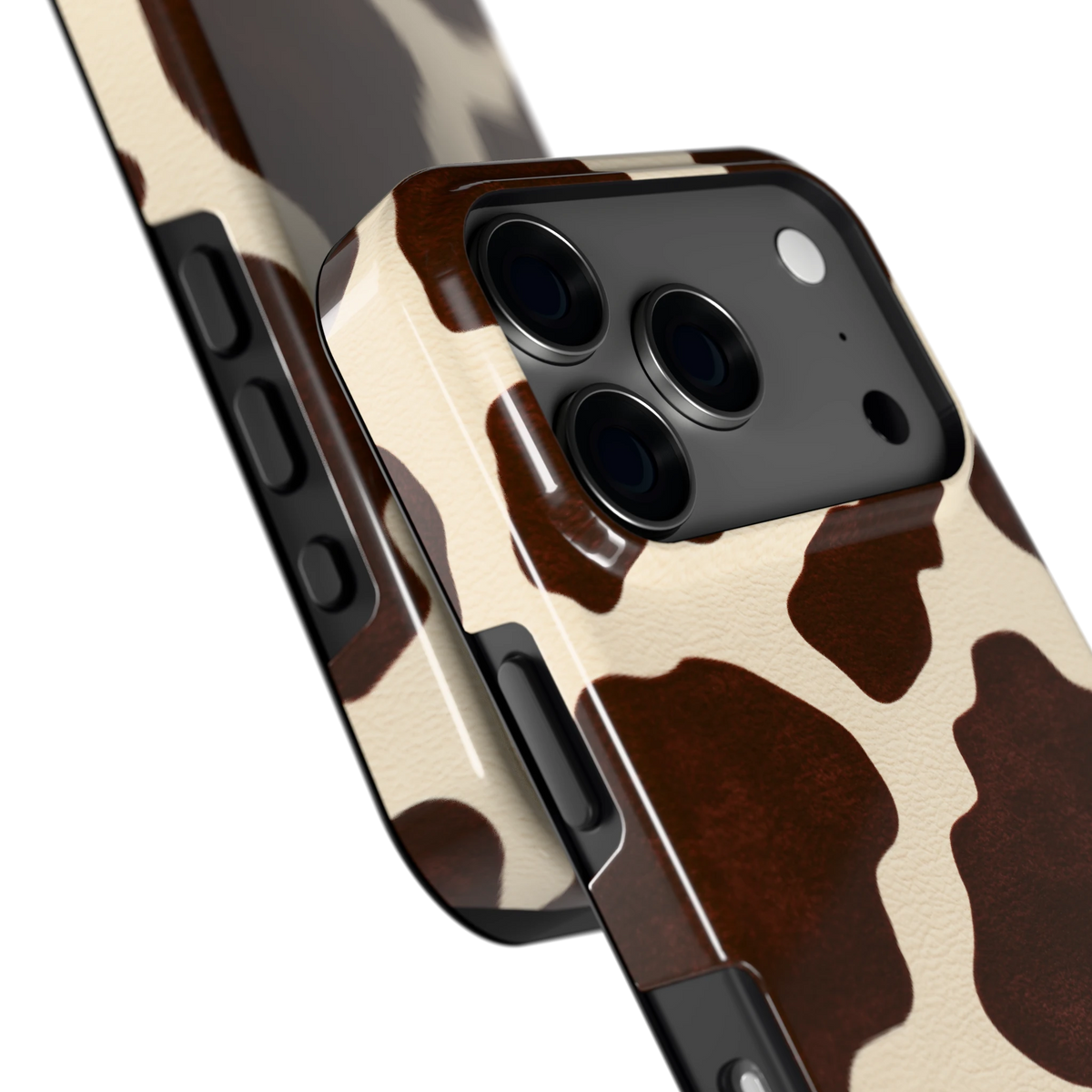 Chocolade Koeienprint hoesje voor iPhone 17 Pro, close-up