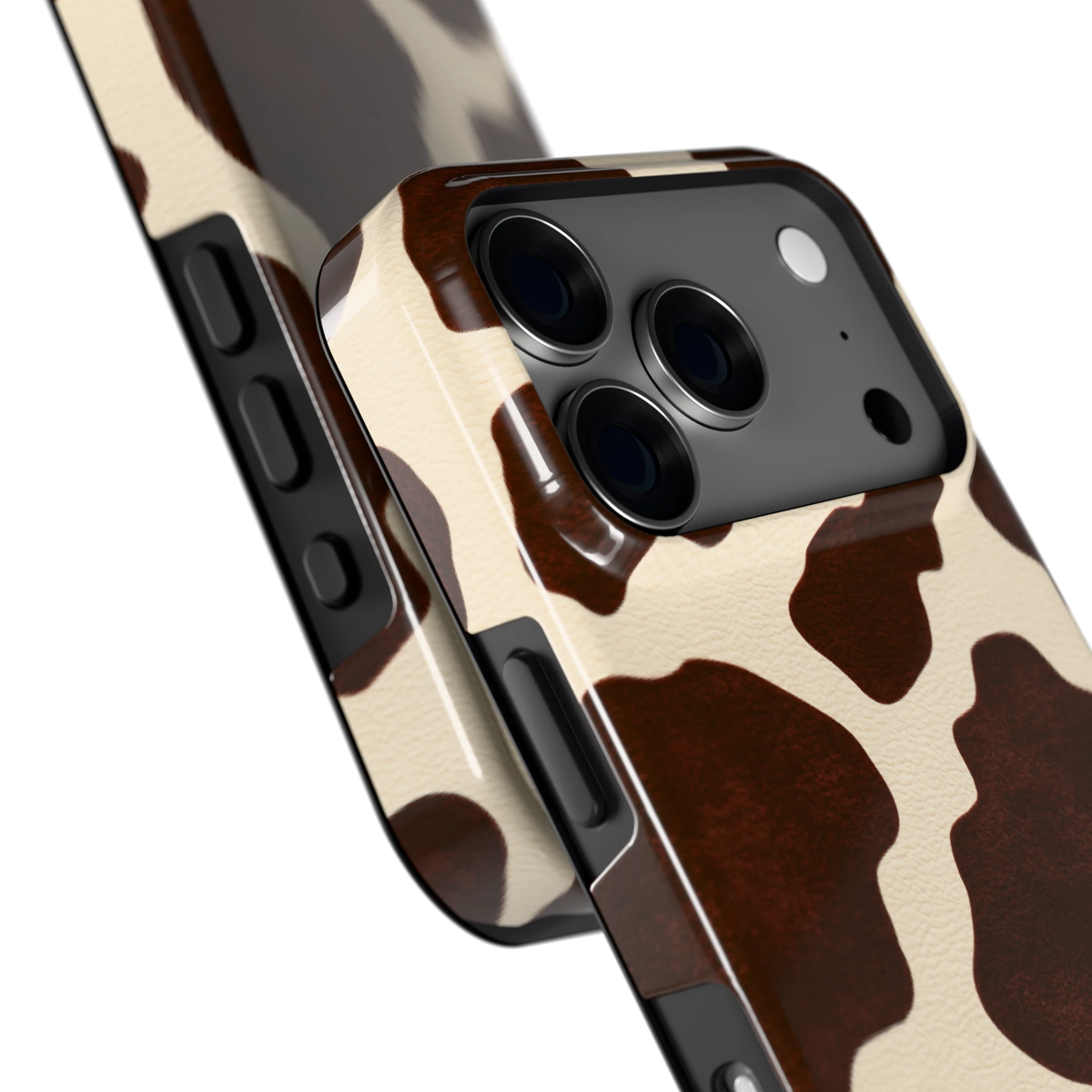 Chocolade Koeienprint hoesje voor iPhone 18 Pro, close-up
