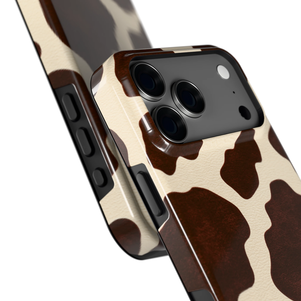Chocolade Koeienprint hoesje voor iPhone 18 Pro Max, close-up