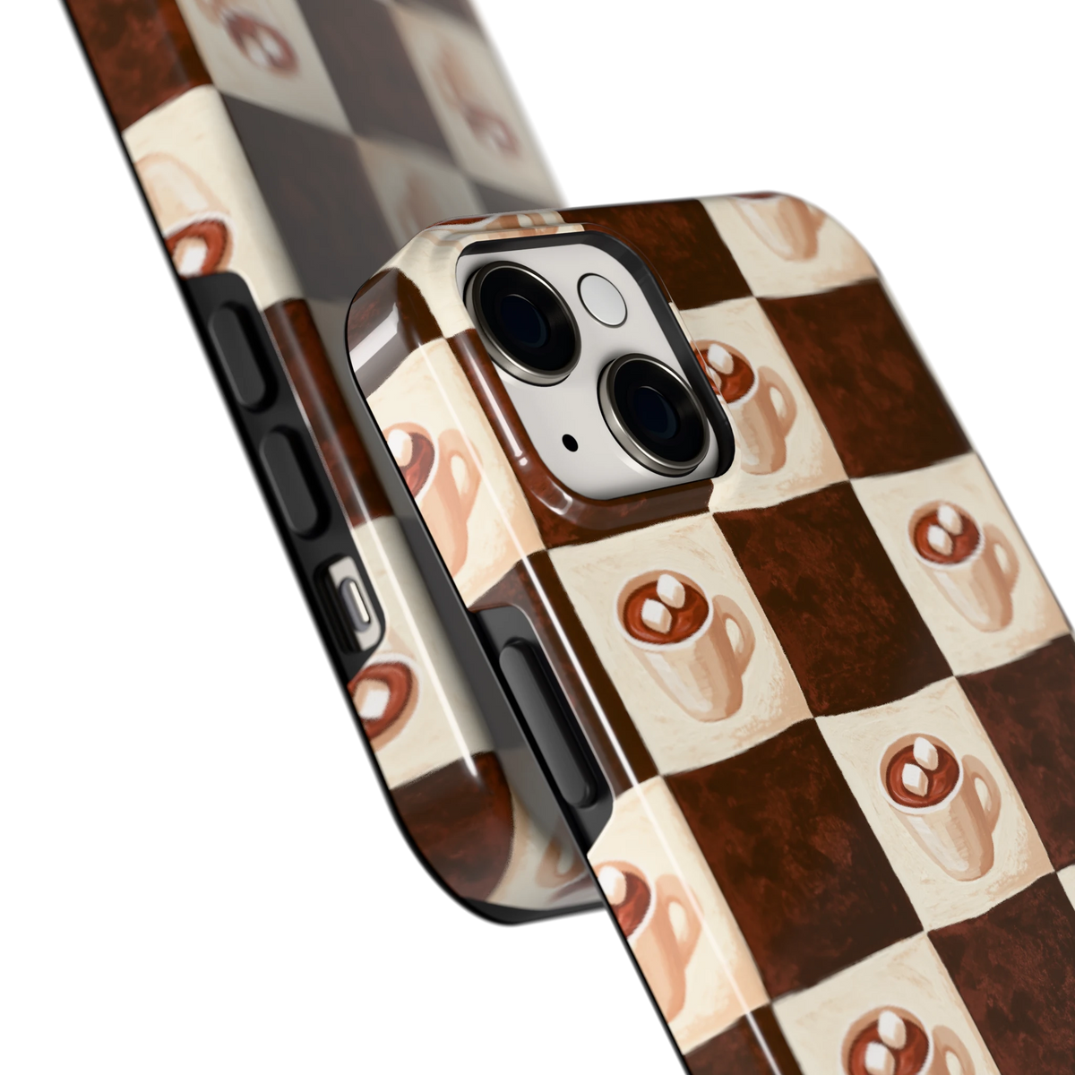 Cacao Dambord hoesje voor iPhone 14 Plus, close-up