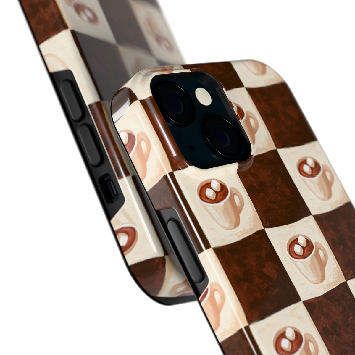 Cacao Dambord hoesje voor iPhone 15, close-up