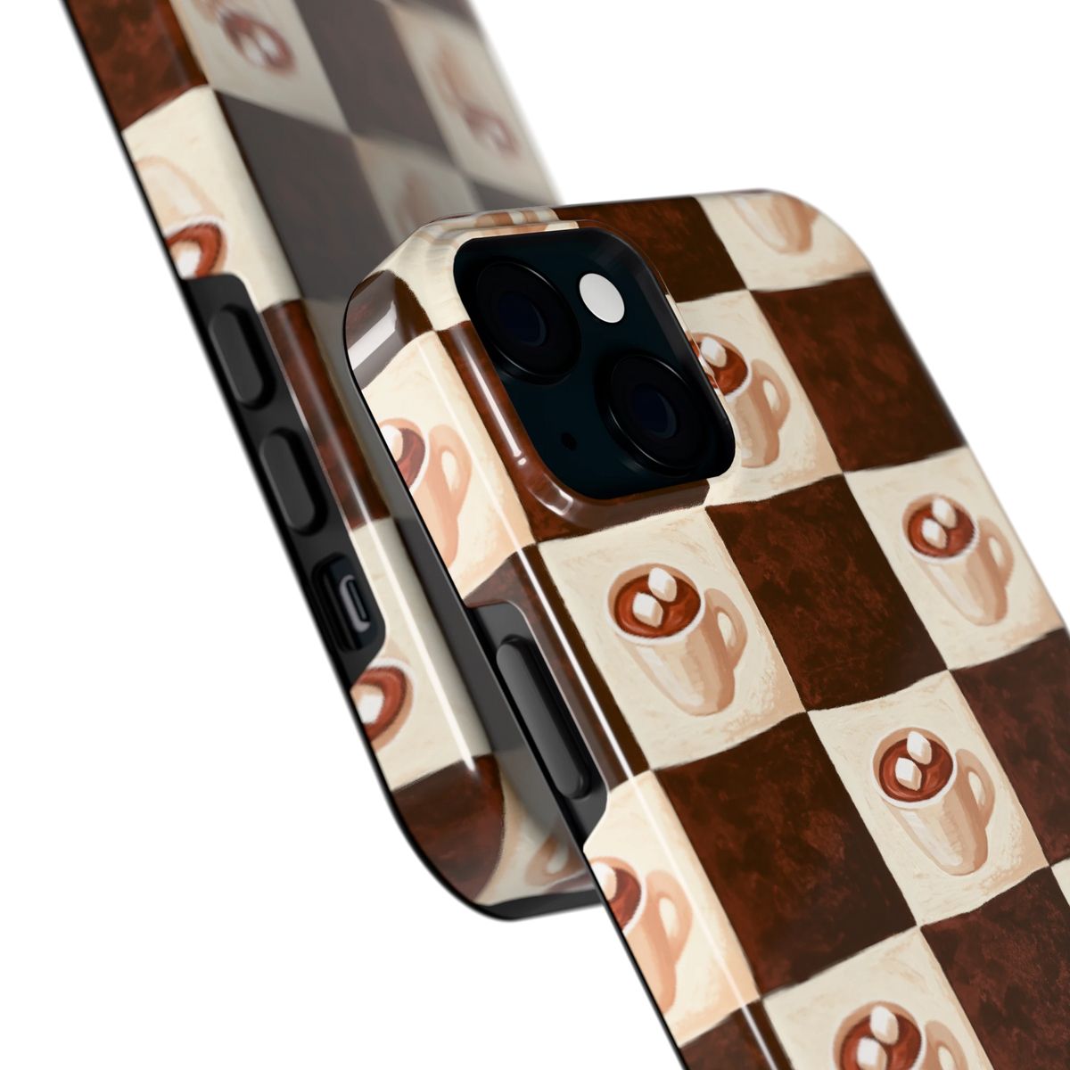 Cacao Dambord hoesje voor iPhone 15 Plus, close-up