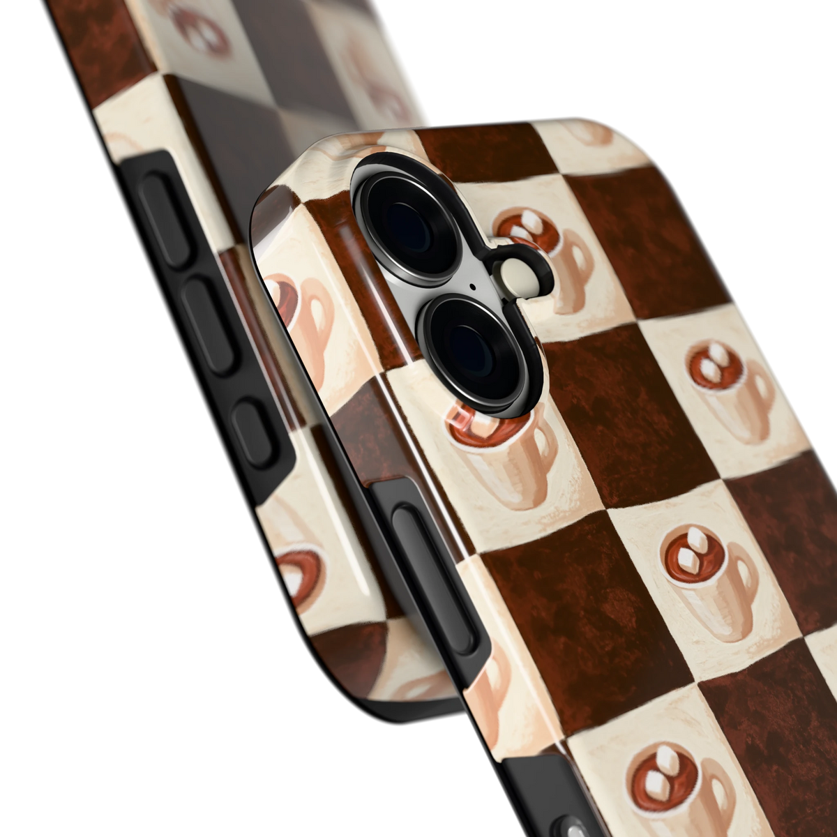 Cacao Dambord hoesje voor iPhone 16, close-up