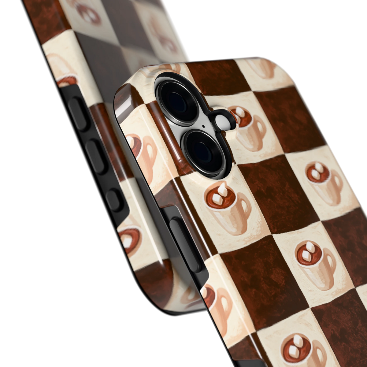 Cacao Dambord hoesje voor iPhone 16 Plus, close-up