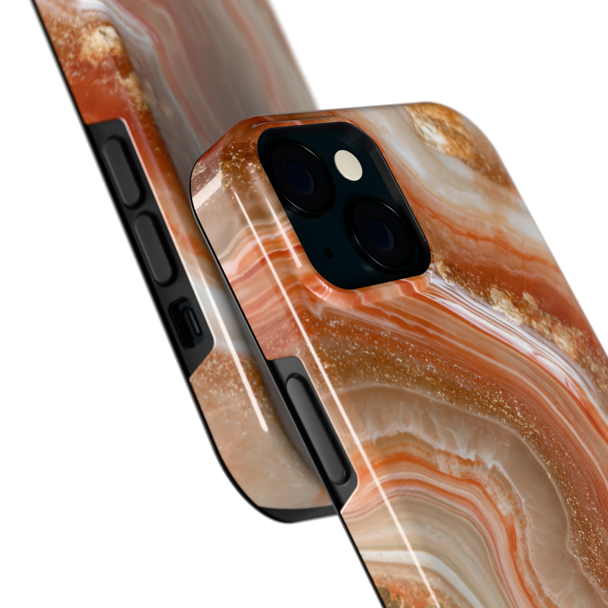 Koperen agaatstroom hoesje voor iPhone 15, close-up