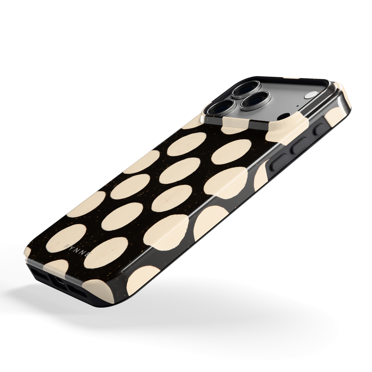 Crème stippen op zwart hoesje voor iPhone 18 Pro Max, schuin