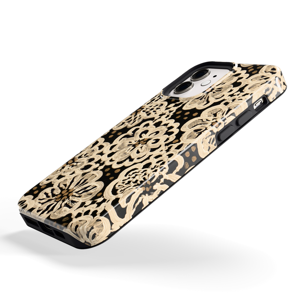 Crème Kantbloemen hoesje voor iPhone 12, schuin