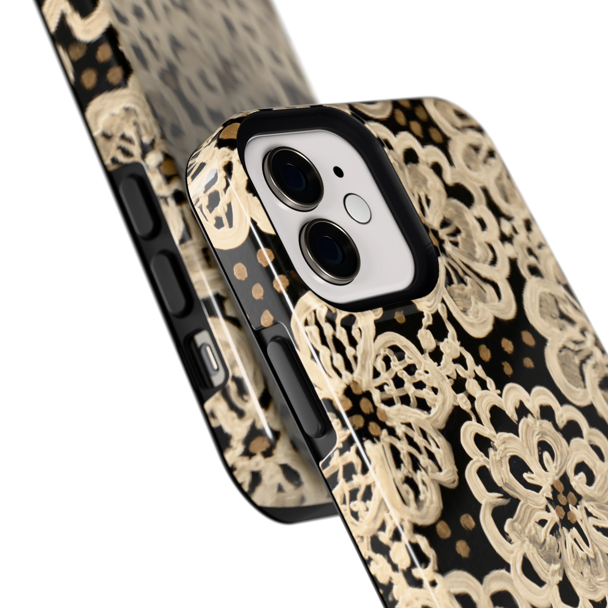 Crème Kantbloemen hoesje voor iPhone 12, close-up