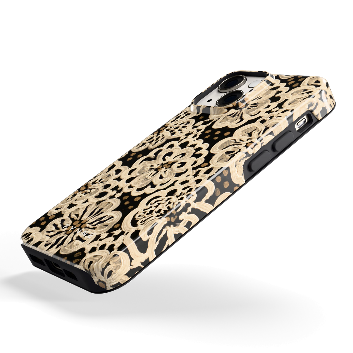 Crème Kantbloemen hoesje voor iPhone 13 mini, schuin