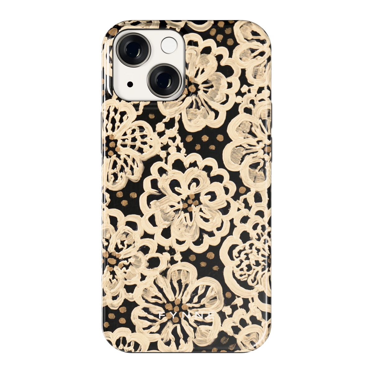 Crème Kantbloemen hoesje voor iPhone 13 mini, achterkant