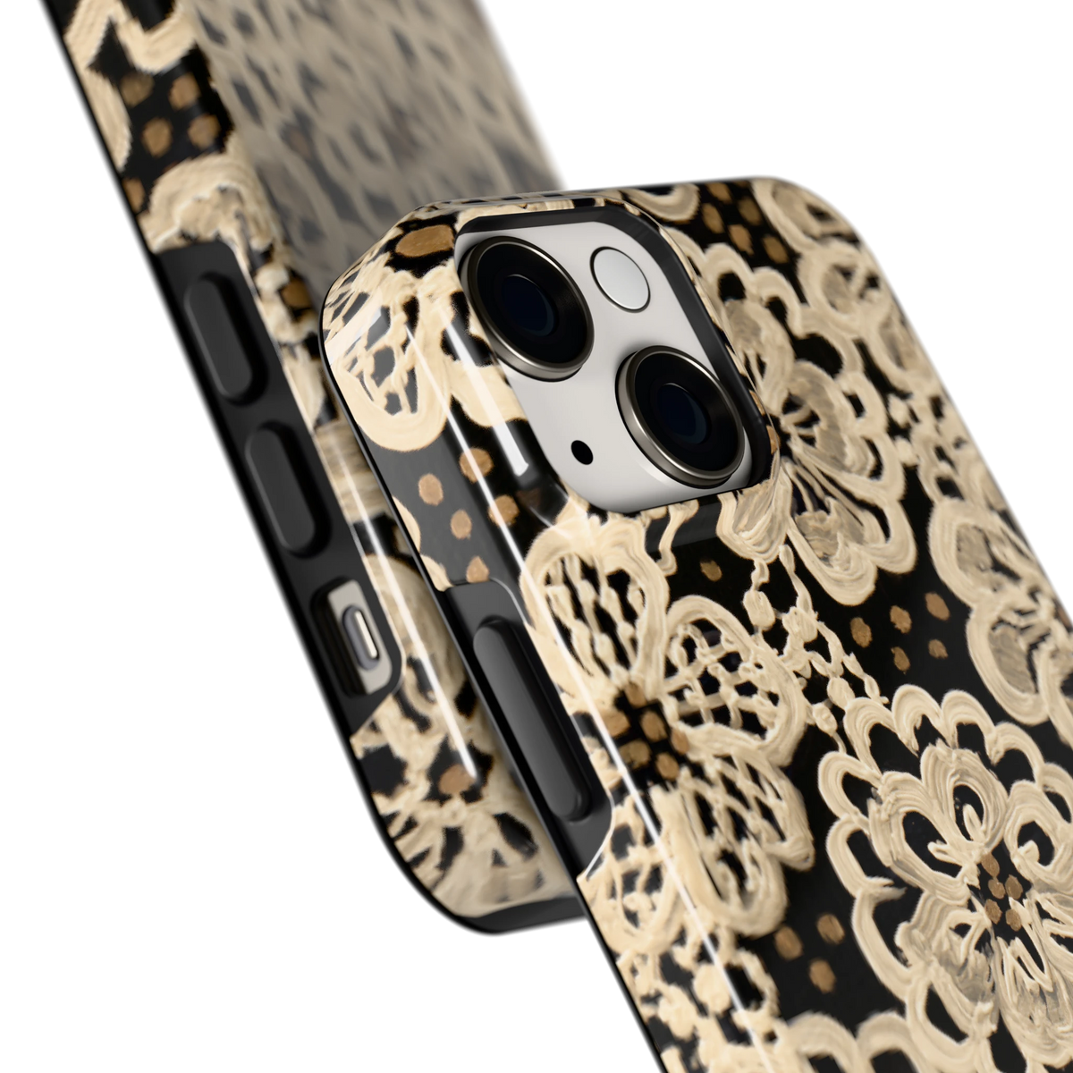 Crème Kantbloemen hoesje voor iPhone 13 mini, close-up