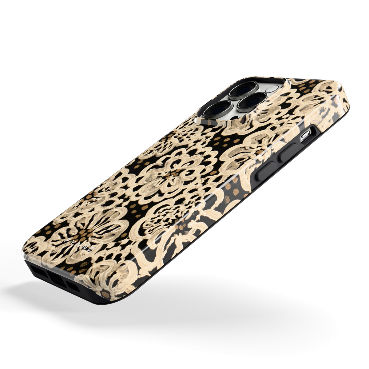 Crème Kantbloemen hoesje voor iPhone 13 Pro, schuin