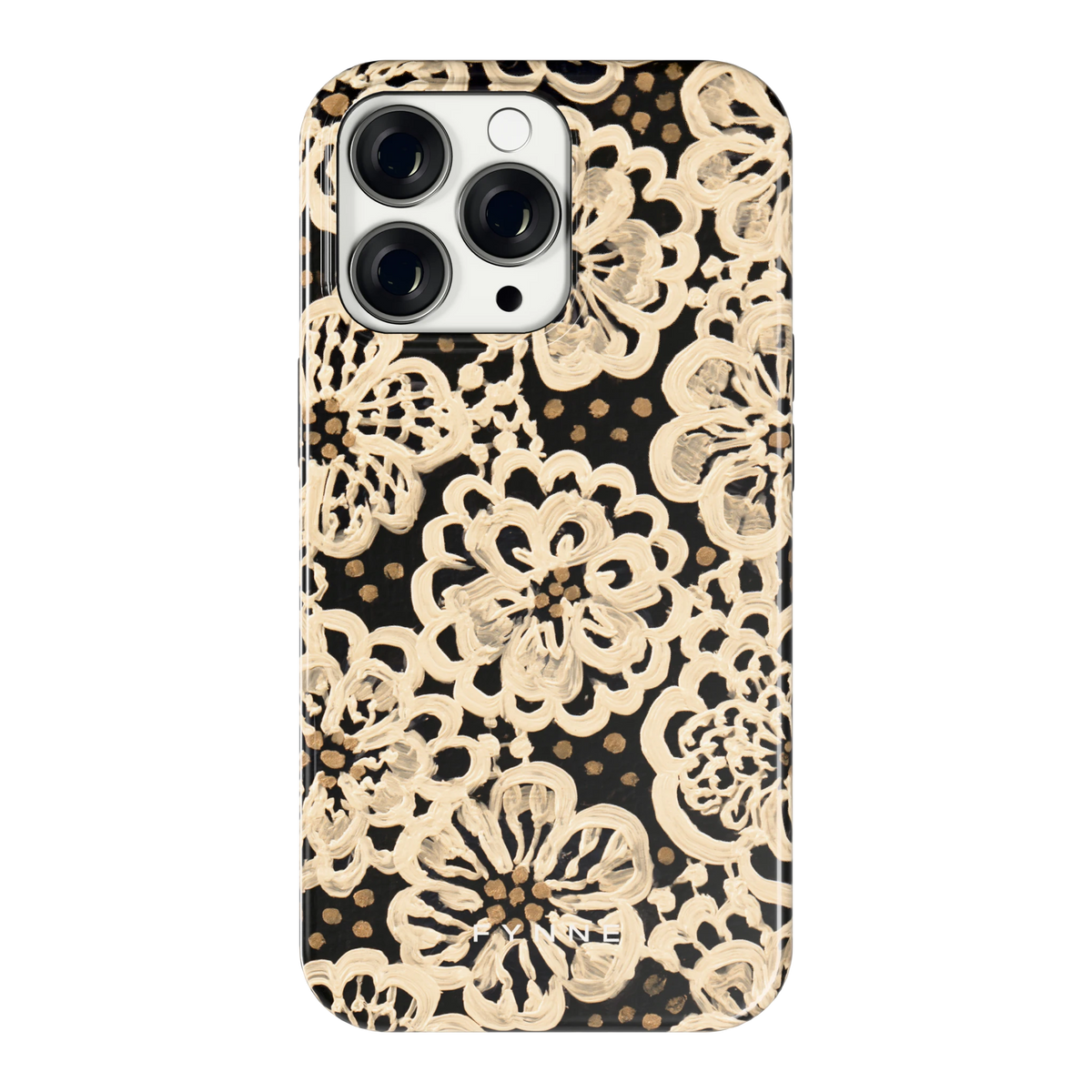 Crème Kantbloemen hoesje voor iPhone 13 Pro, achterkant
