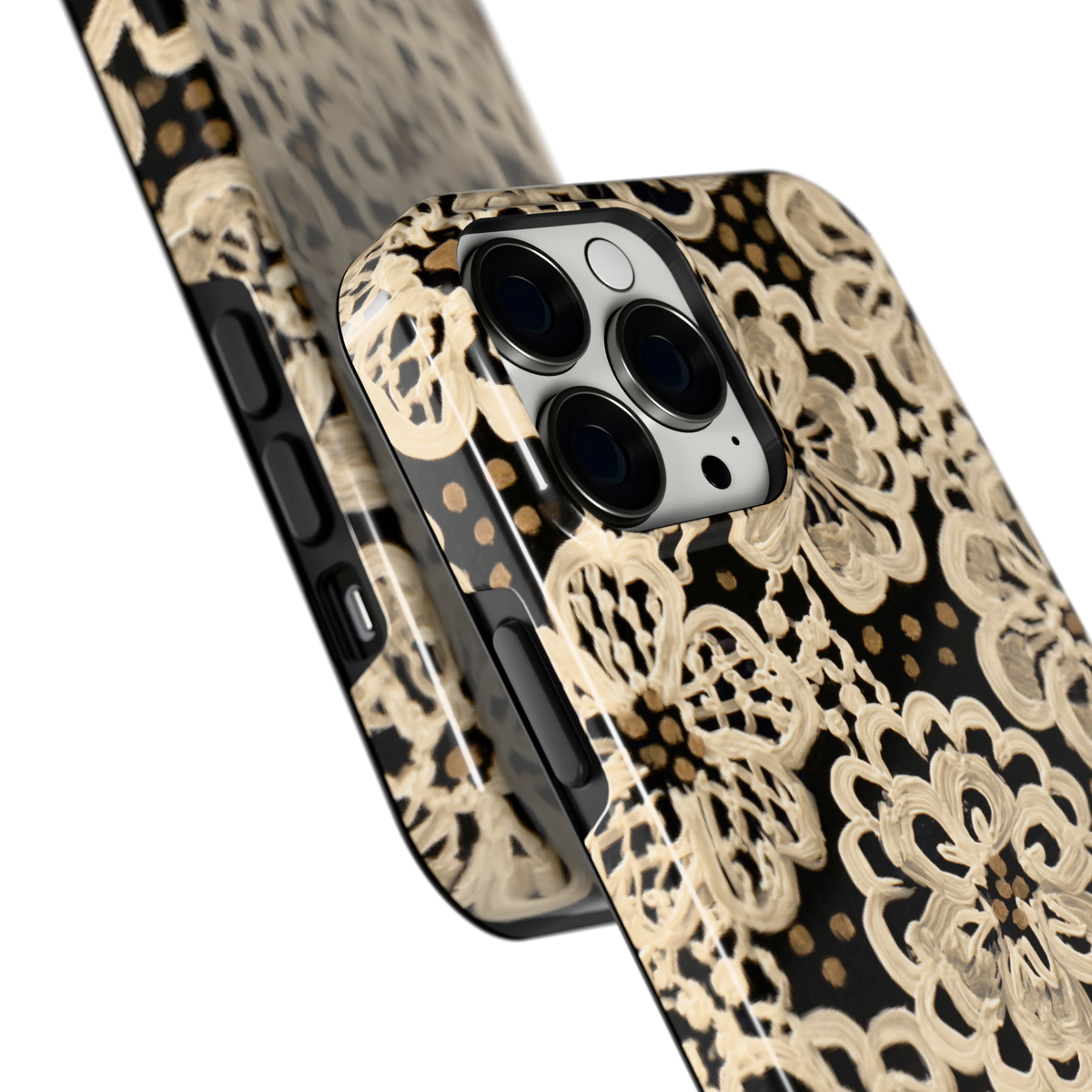 Crème Kantbloemen hoesje voor iPhone 13 Pro Max, close-up