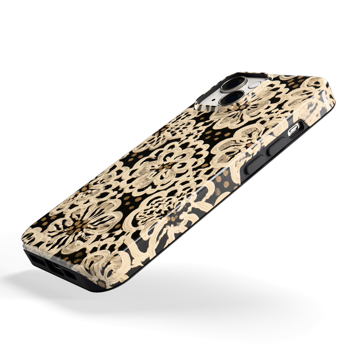 Crème Kantbloemen hoesje voor iPhone 14, schuin