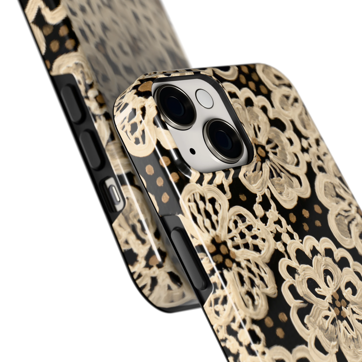 Crème Kantbloemen hoesje voor iPhone 14, close-up