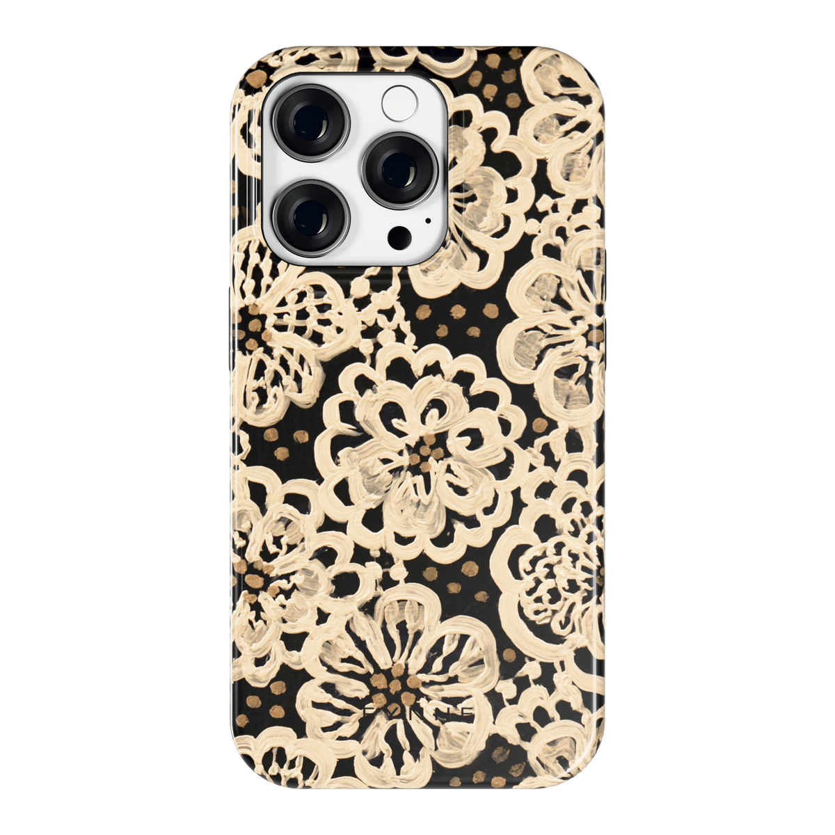 Crème Kantbloemen hoesje voor iPhone 14 Pro, achterkant