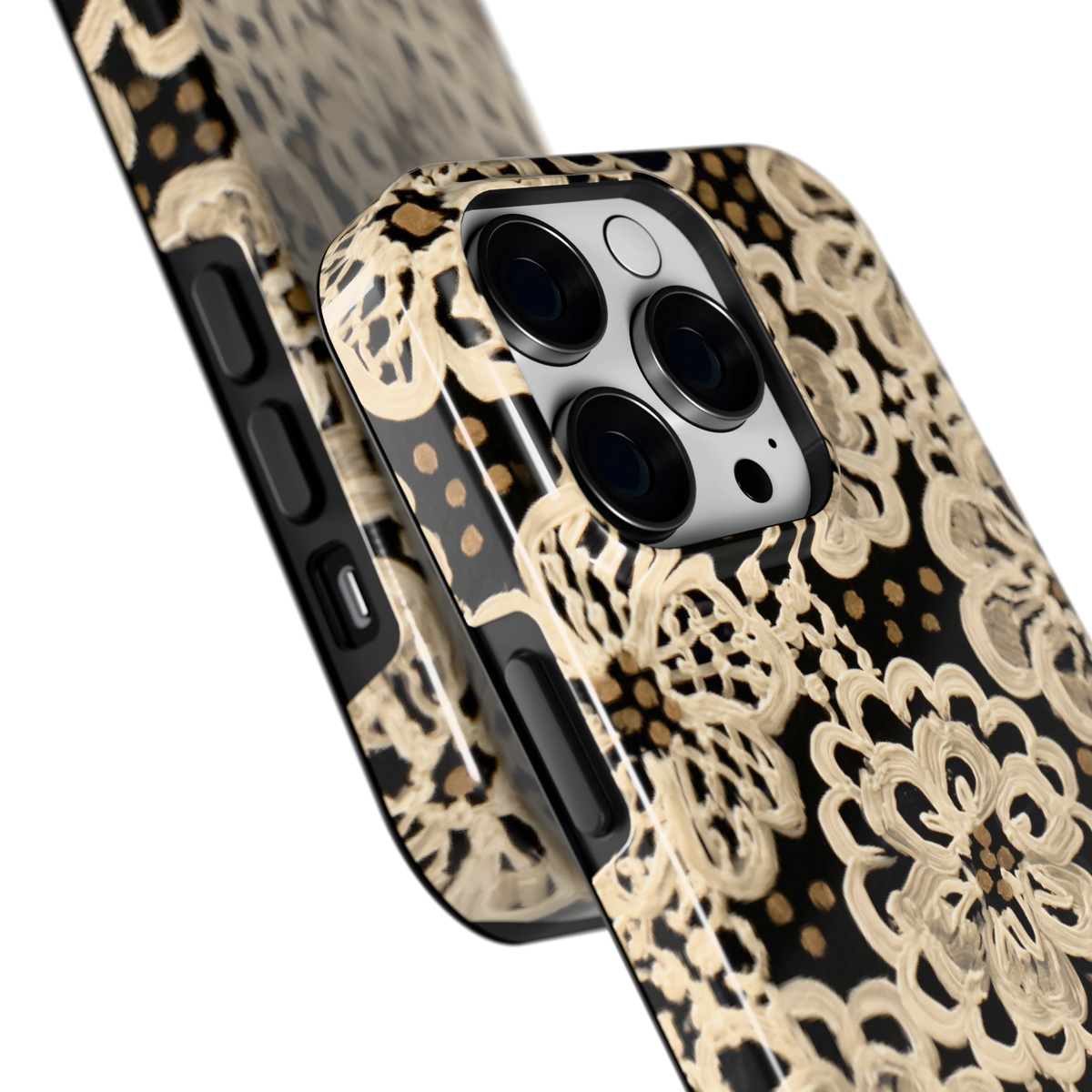 Crème Kantbloemen hoesje voor iPhone 14 Pro, close-up