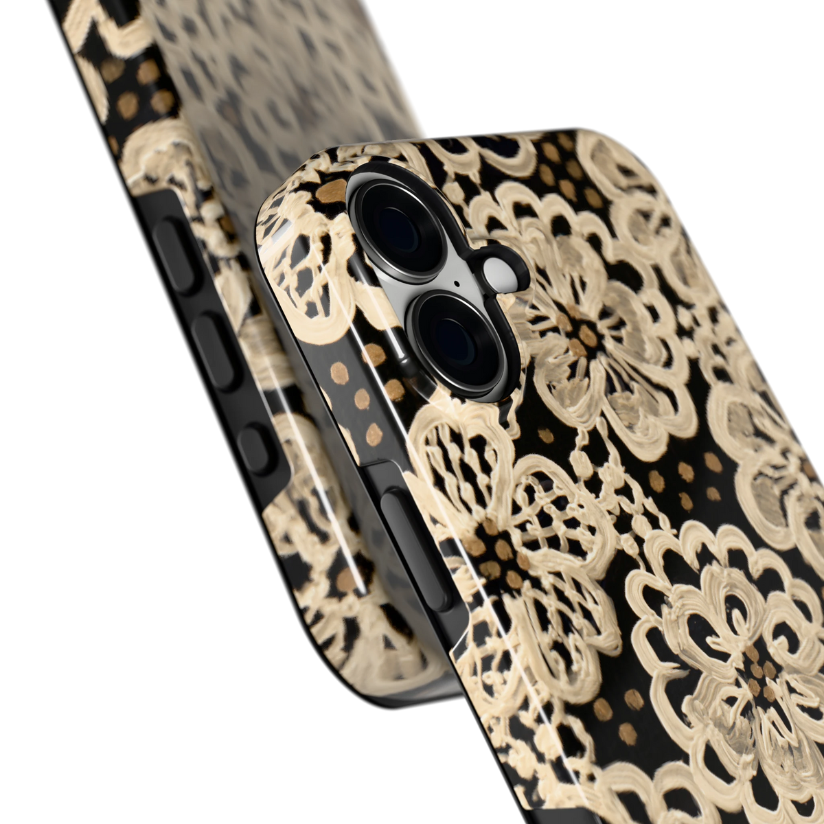 Crème Kantbloemen hoesje voor iPhone 16 Plus, close-up