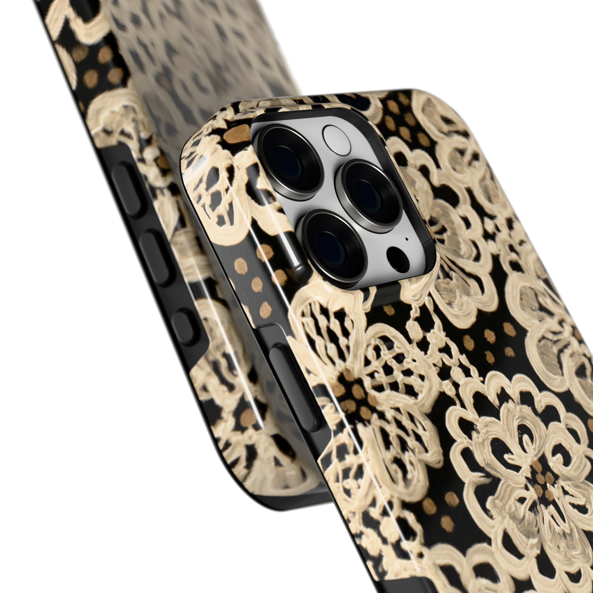 Crème Kantbloemen hoesje voor iPhone 16 Pro Max, close-up