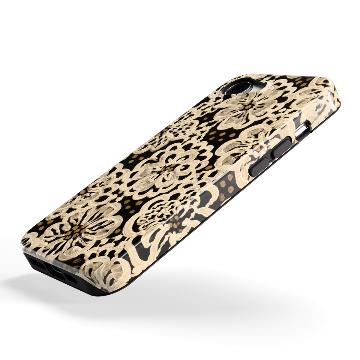 Crème Kantbloemen hoesje voor iPhone 16e, schuin