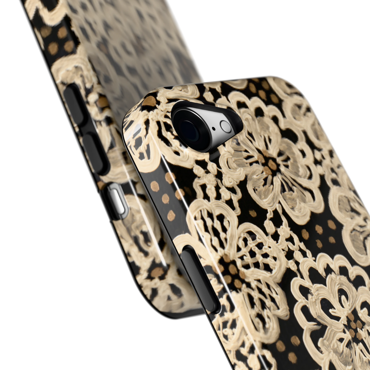 Crème Kantbloemen hoesje voor iPhone 16e, close-up