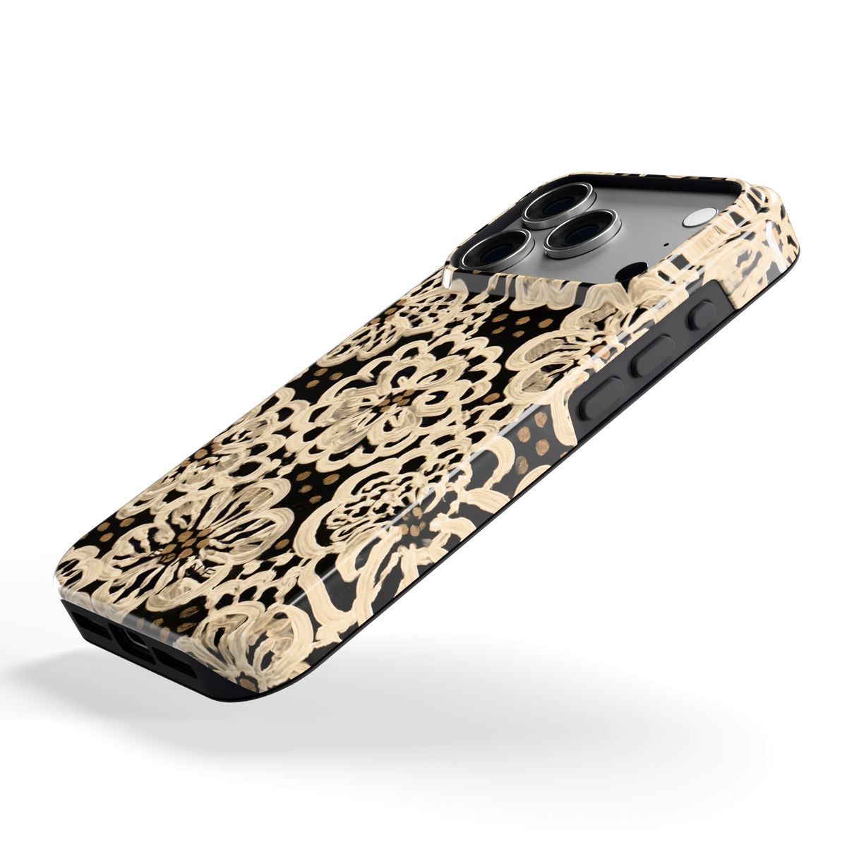 Crème Kantbloemen hoesje voor iPhone 18 Pro, schuin