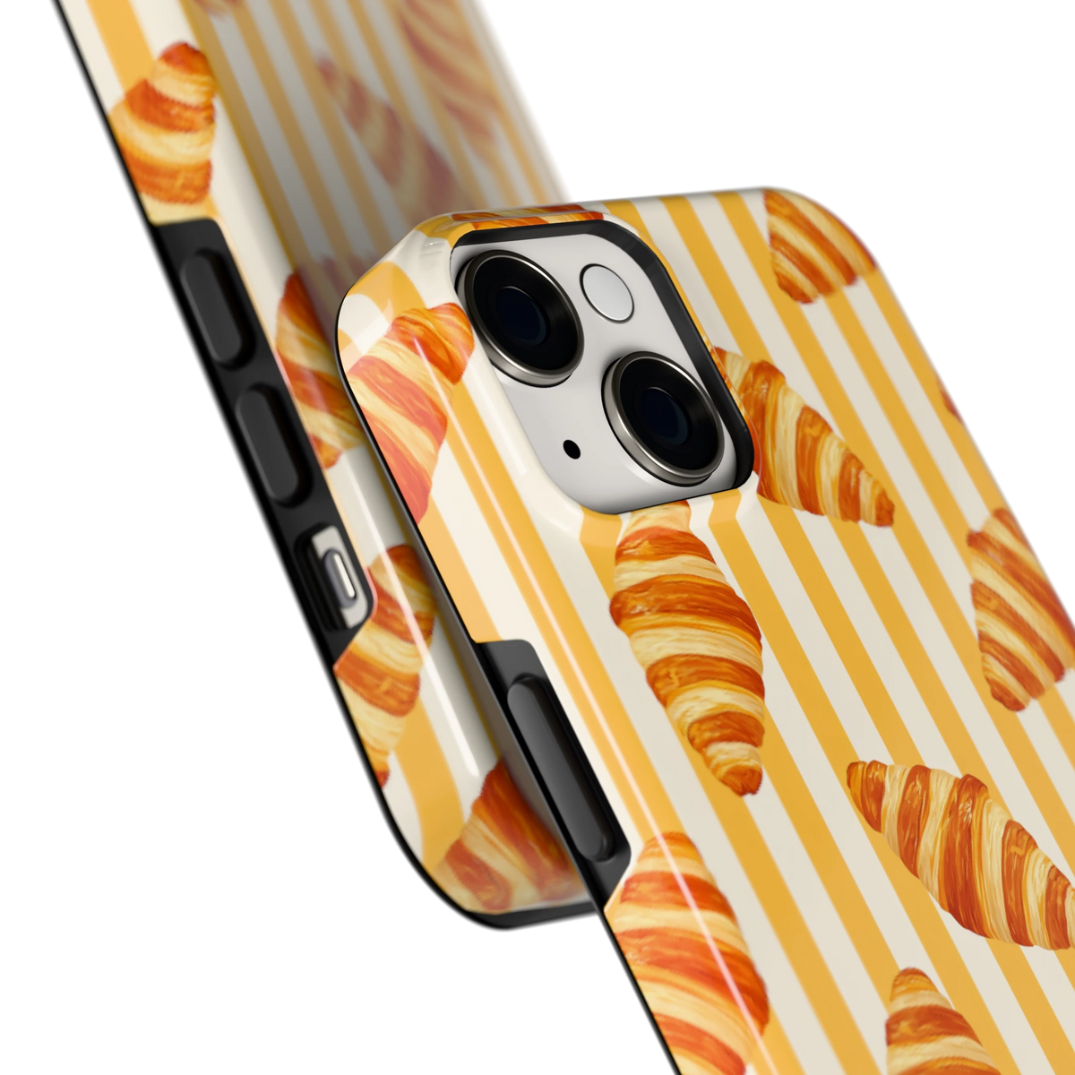 Croissant Strepen hoesje voor iPhone 14, close-up