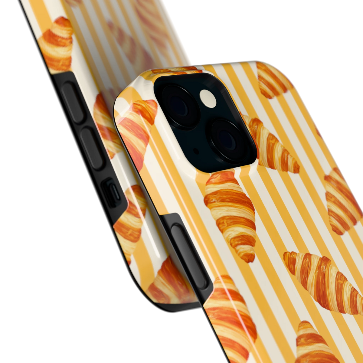 Croissant Strepen hoesje voor iPhone 15, close-up
