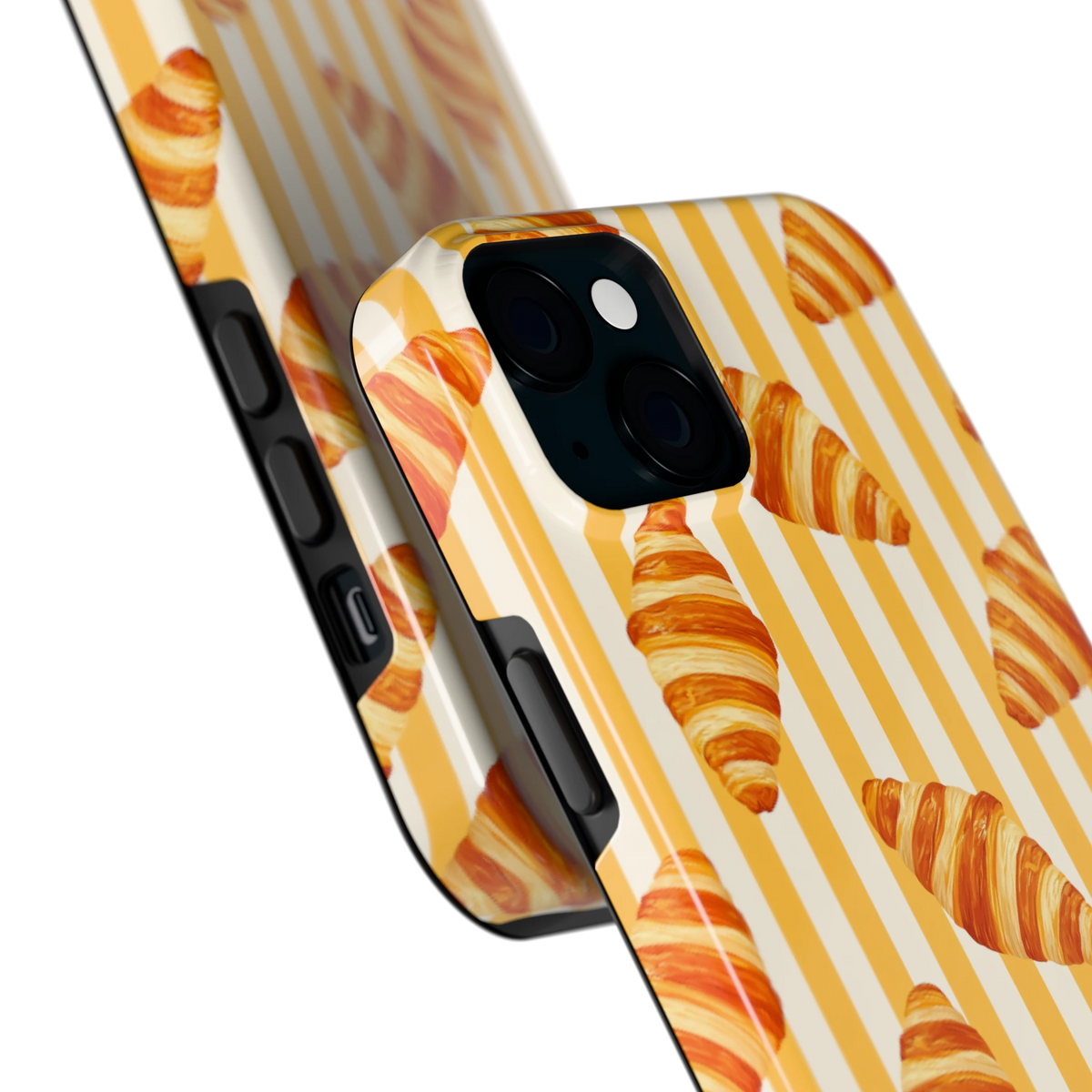 Croissant Strepen hoesje voor iPhone 15 Plus, close-up