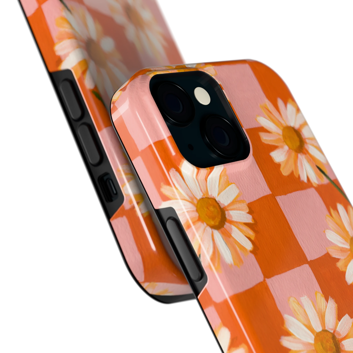 Madelieven op Dambord hoesje voor iPhone 15, close-up