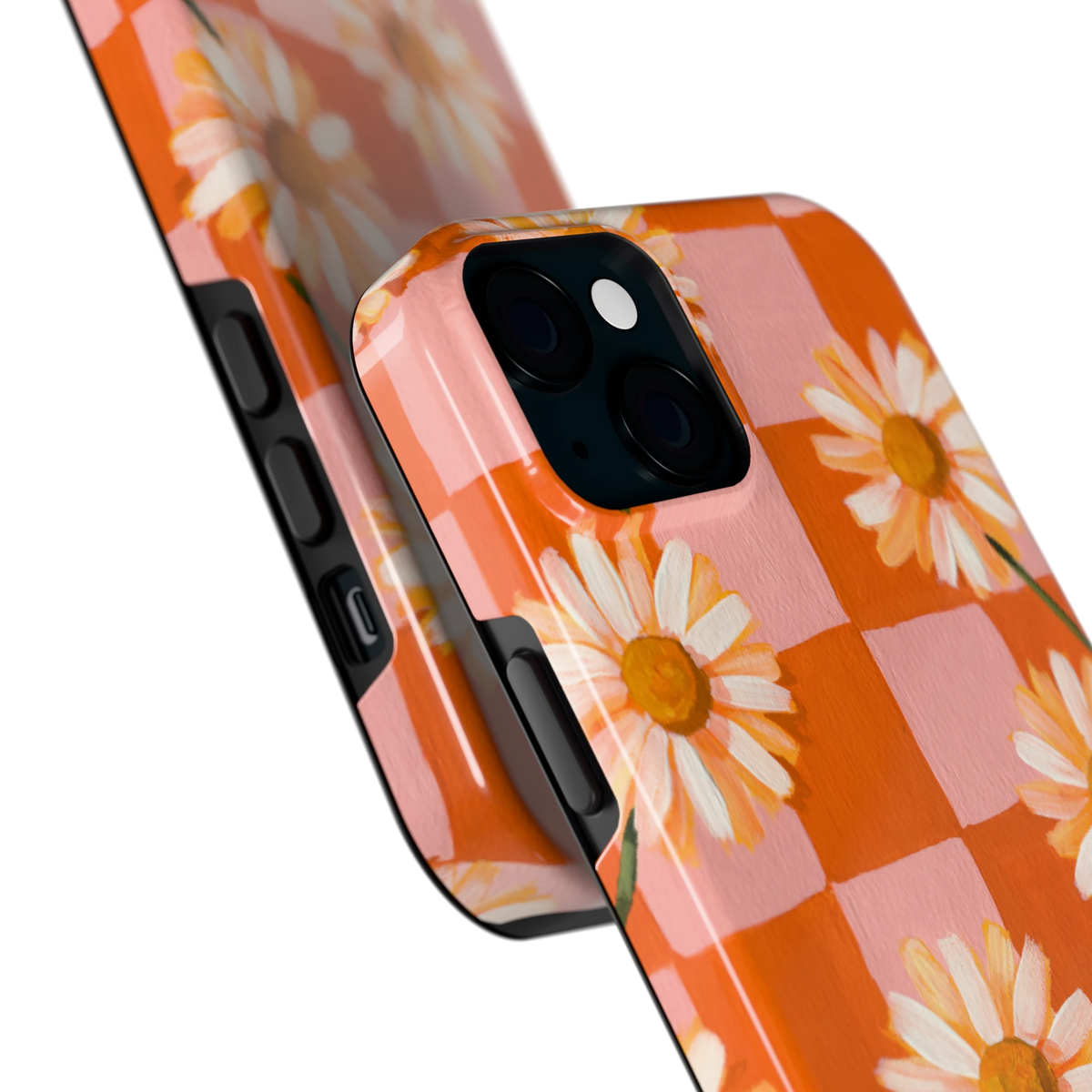 Madelieven op Dambord hoesje voor iPhone 15 Plus, close-up