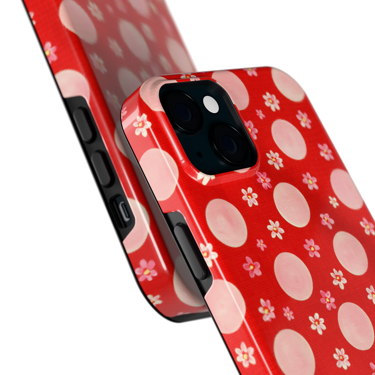 Madeliefjes en Stippen hoesje voor iPhone 15 Plus, close-up