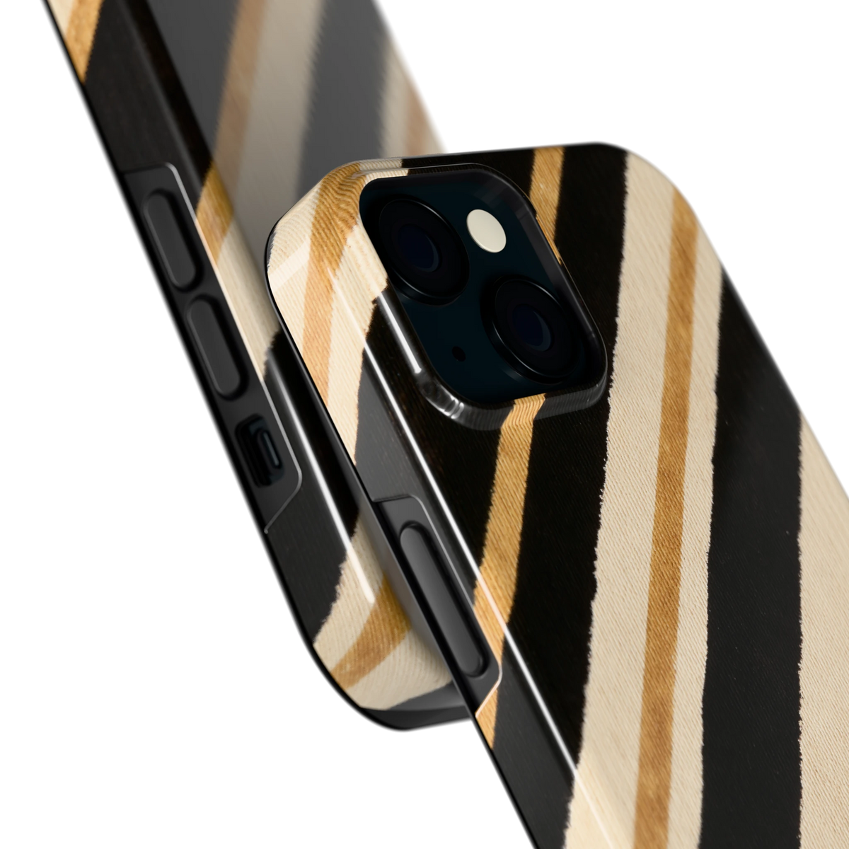 Diagonale Clubstrepen hoesje voor iPhone 15, close-up