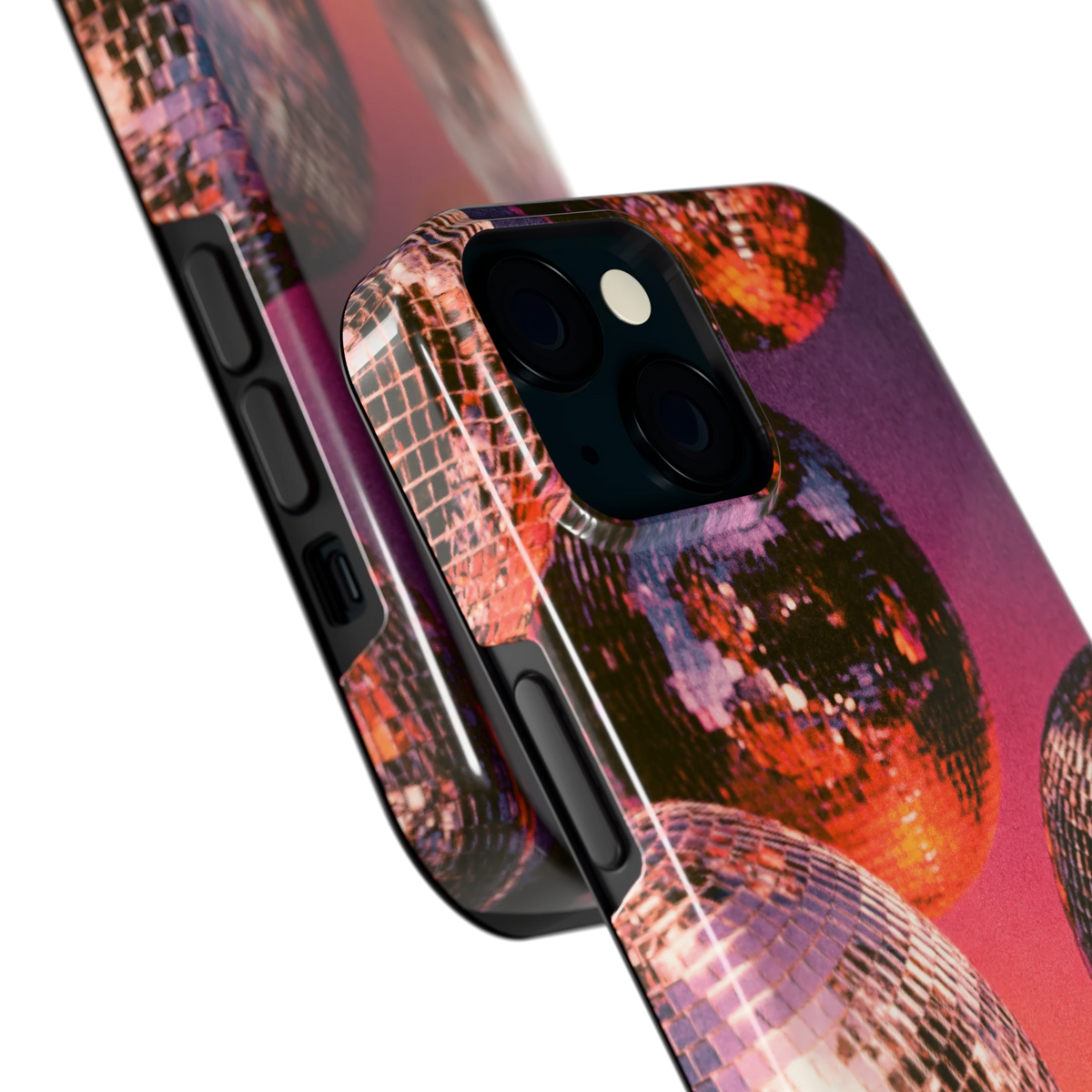 Discoballen Gloed hoesje voor iPhone 15, close-up
