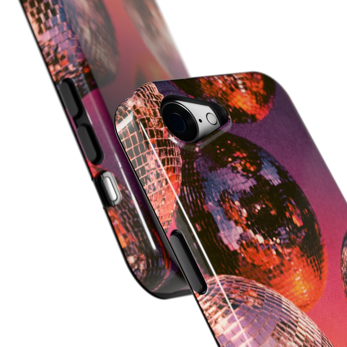 Discoballen Gloed hoesje voor iPhone 16e, close-up