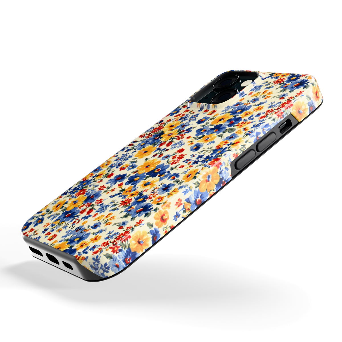Bloemenweide hoesje voor iPhone 15, schuin