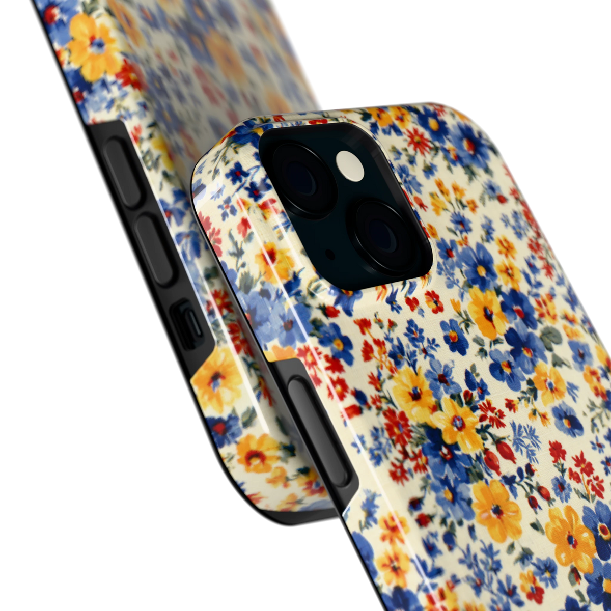 Bloemenweide hoesje voor iPhone 15, close-up