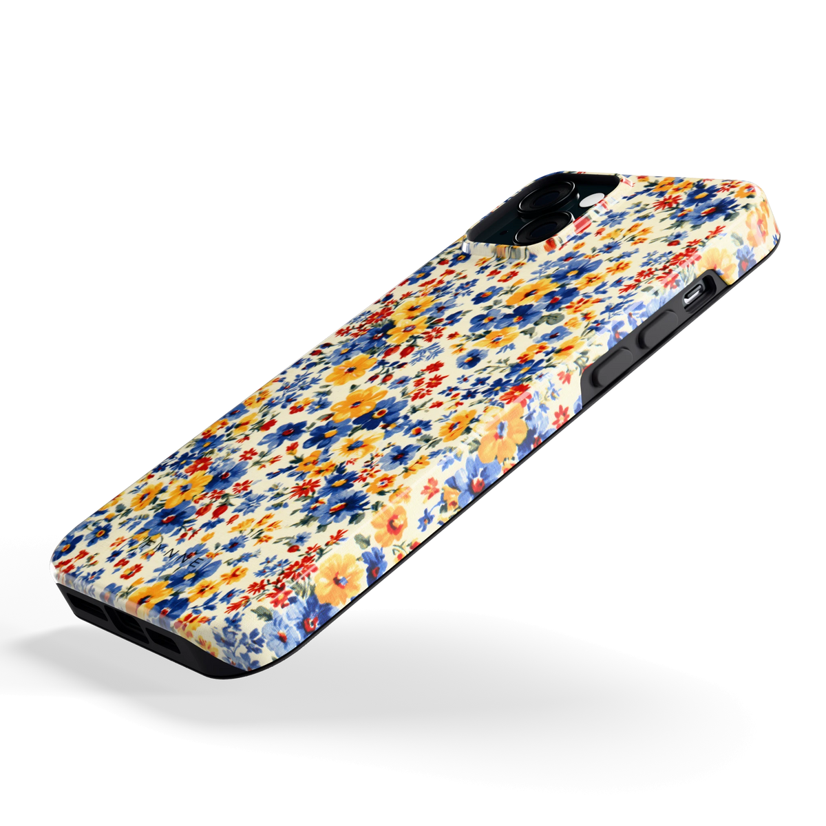 Bloemenweide hoesje voor iPhone 15 Plus, schuin