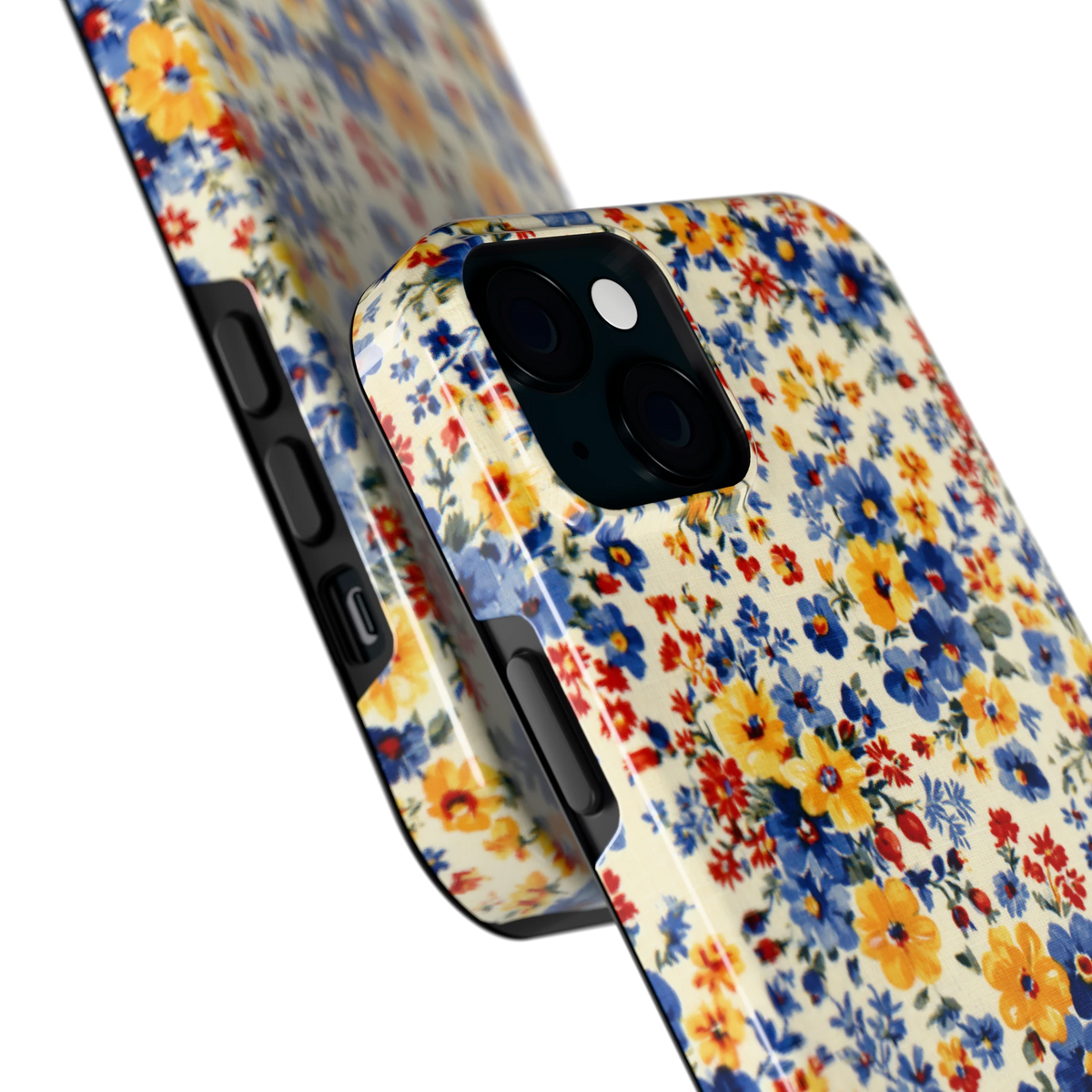 Bloemenweide hoesje voor iPhone 15 Plus, close-up