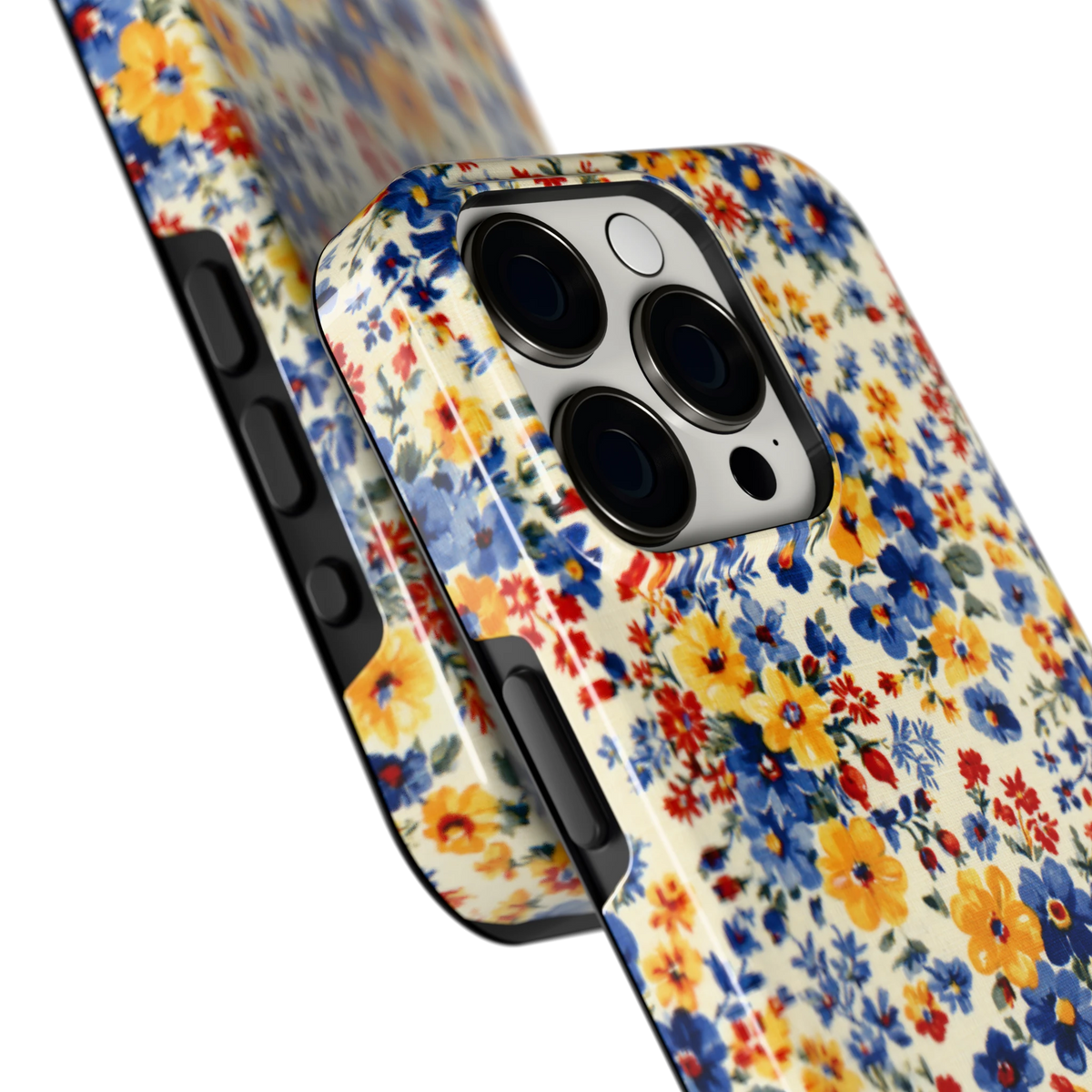 Bloemenweide hoesje voor iPhone 15 Pro, close-up