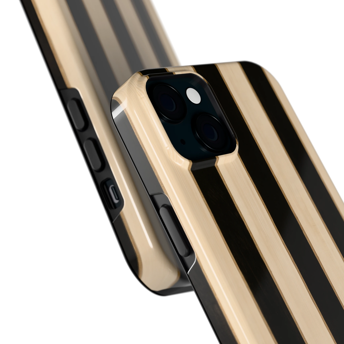 Ebbenhout Strepen hoesje voor iPhone 15 Plus, close-up